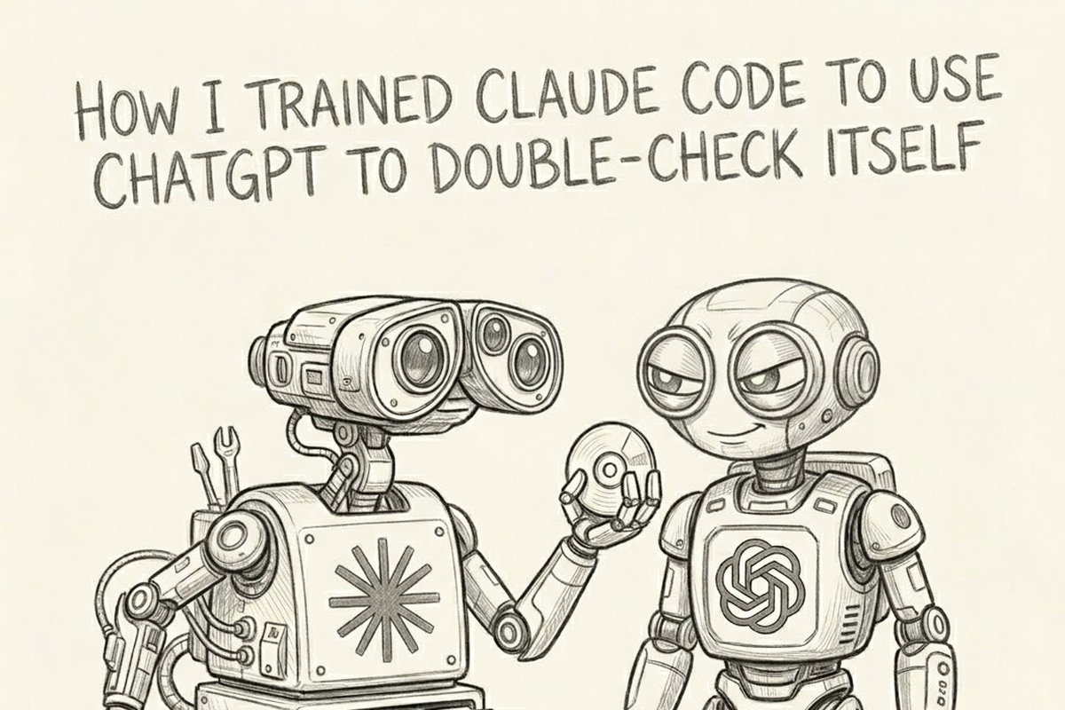 Pencil sketch of two robots representing Claude and ChatGPT working together, one with binoculars and tools, the other with the OpenAI logo
