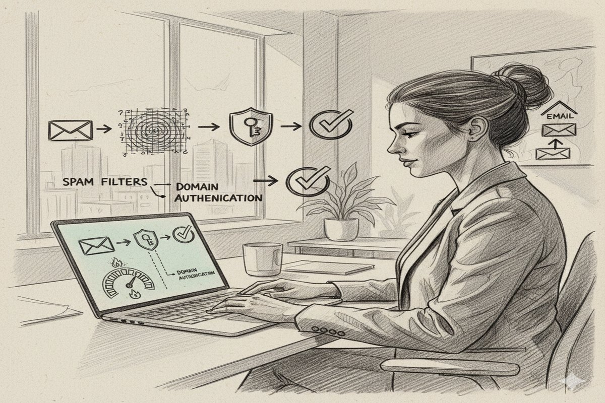 Pencil sketch of a professional at a desk sending email through spam filter and domain authentication checkpoints