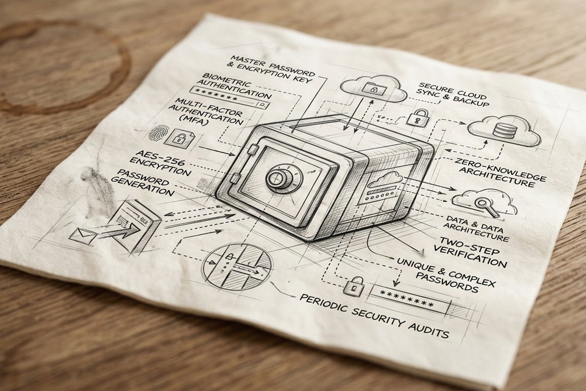 Hand-drawn blueprint of a password manager showing encryption, MFA, and cloud security concepts