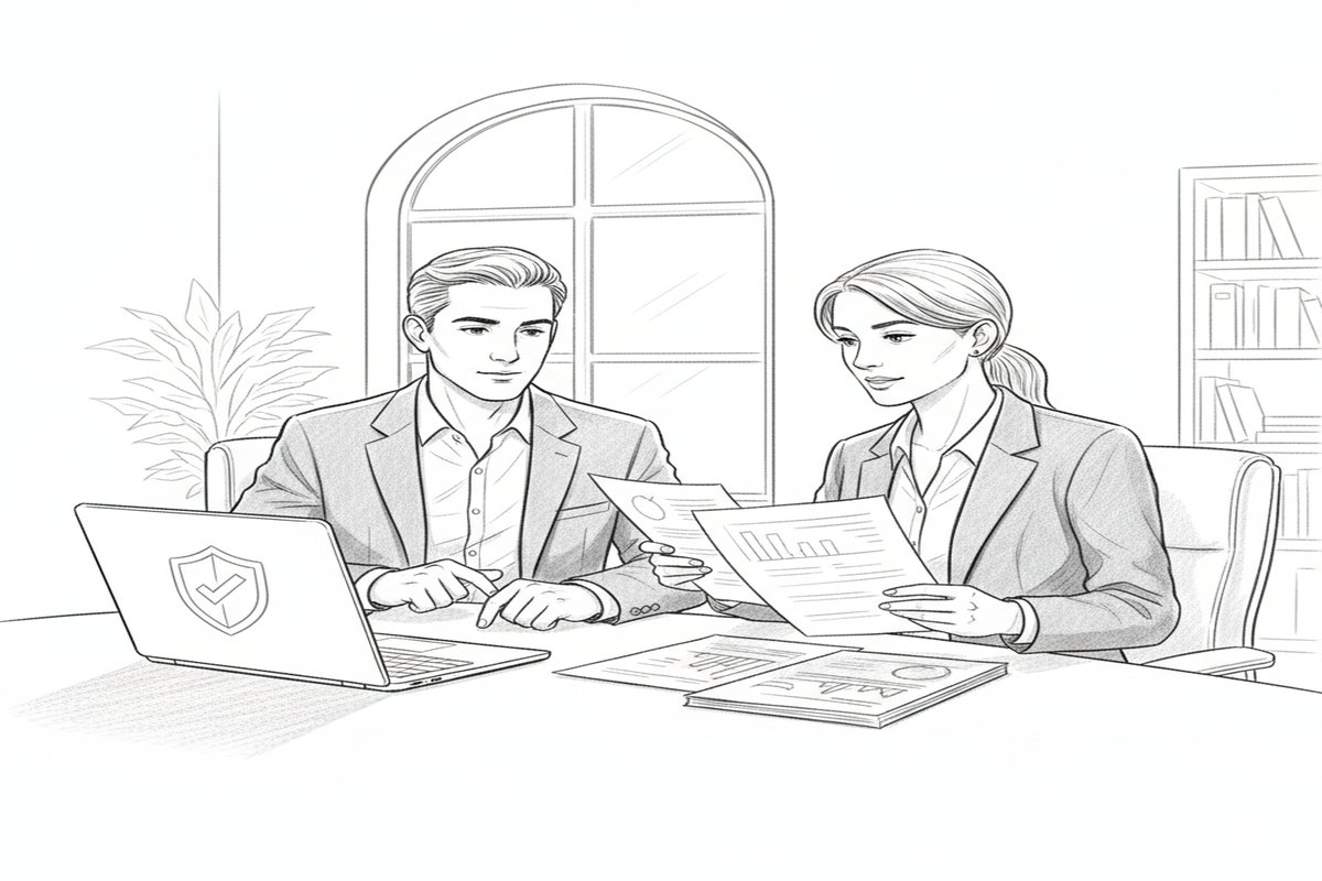 Two professionals reviewing security documents at a desk